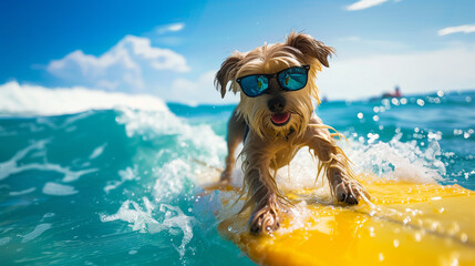 york terier dog surfing riding a wave wearing sunglasses, bright sunny day. surfing training advertisement, surf club poster, surfboard rental 