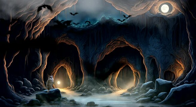 Mysterious cave inhabited by bats and owl, nocturnal creatures in natural habitat