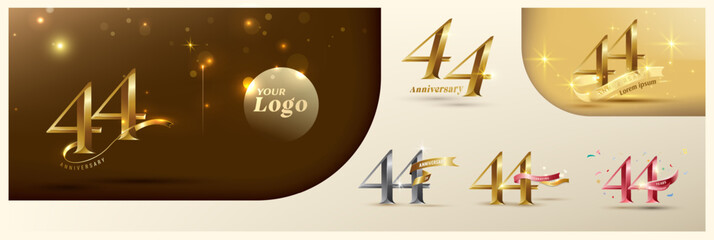 44th anniversary logotype modern gold number with shiny ribbon. alternative logo number Golden anniversary celebration