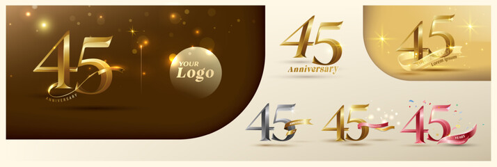 45th anniversary logotype modern gold number with shiny ribbon. alternative logo number Golden anniversary celebration