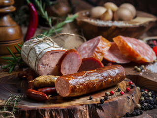Assorted Charcuterie on Rustic Wooden Board