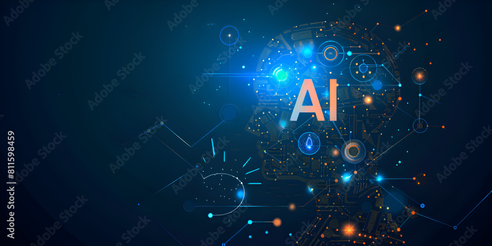 Poster a blue background with a head and the letters ai. generative ai