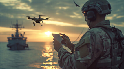 A photograph of a military drone operator controlling an unmanned aerial vehicle in a mountainous region