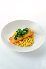 grilled salmon with side dish and sauce
