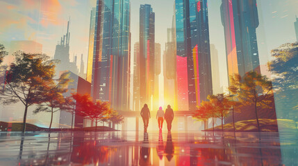 Three silhouetted figures stand before a futuristic cityscape with gleaming skyscrapers and trees under a warm, glowing sunrise or sunset.