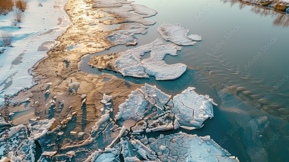 Poster ice melting and cracking on river with aerial drone view on sunny spring morning displaying ice and 