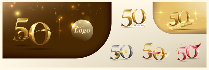 50th anniversary logotype modern gold number with shiny ribbon. alternative logo number Golden anniversary celebration