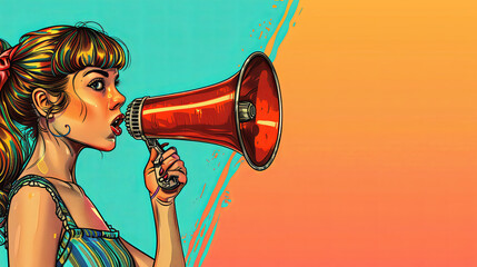 Pop art girl with megaphone. Woman with loudspeaker. Girl announcing discount or sale. Shopping...