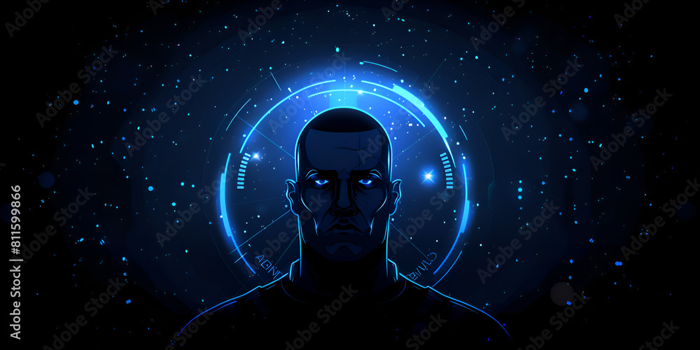 Poster a man is standing in front of a blue circle. the circle is surrounded by stars. the man is looking a