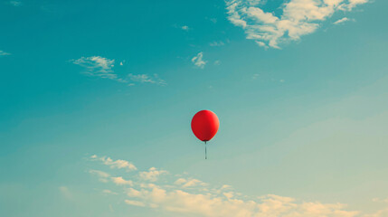 A red balloon flying in the sky with a blue sky background