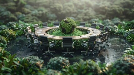 An international conference table, documents made from recycled paper, world leaders discussing global green policies
