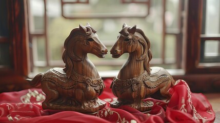 A pair of intricately carved wooden horses placed on a red silk cloth near a window, attracting love and harmony into a home according to Feng Shui principles
