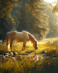 A majestic palomino horse grazes peacefully in a lush meadow, its golden coat reflecting the abundance and prosperity of the earth element