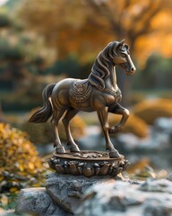 A bronze horse statue stands proudly on a pedestal adorned with auspicious symbols, overlooking a tranquil rock garden, representing career success and recognition in Feng Shui