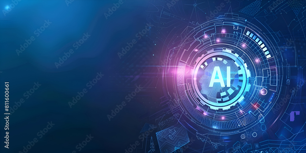 Aufkleber a blue background with a glowing circle that says ai. the circle is surrounded by a lot of smaller c