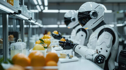 A futuristic food inspection facility where AI-powered robots and human technicians work side by side, testing and certifying food products for a hungry world - obrazy, fototapety, plakaty