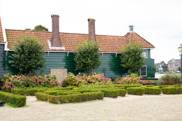 green wooden house in Zaanse Schans with boxwood bushes and flowers