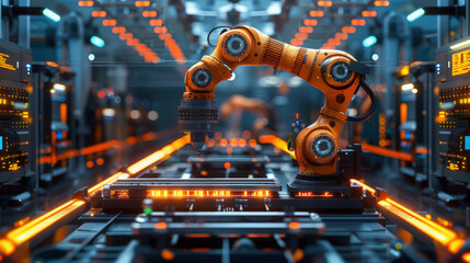 Fototapeta premium A futuristic food inspection facility where AI-powered robots and human technicians work side by side, testing and certifying food products for a hungry world