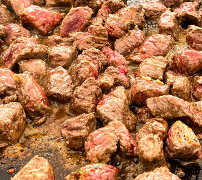Grilled Steak cubes on the blackstone grill