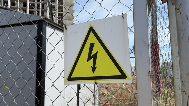 High electrical voltage sign on a construction site. triangular yellow sign with black lightning indicating danger on a metal fence.