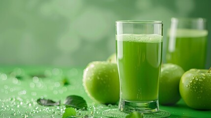 Freshly squeezed green apple juice in a clear glass, refreshing and bright
