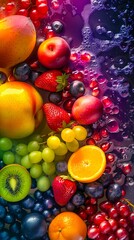 A colorful fruit background with water droplets.