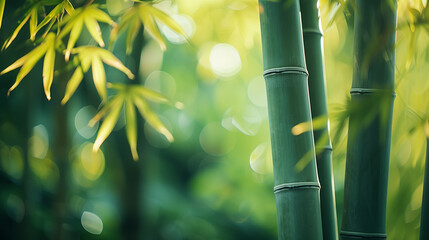 background of green bamboo in the morning rays. close-up of a fragment of a bamboo forest, half of...