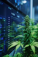 Advanced cannabis cultivation data dashboard vibrant green plant in foreground