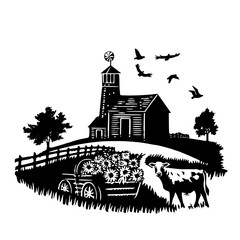 Obraz premium farm silhouette, farm scene, Farm Scene dxf, Farm Scene png, Farm Scene vector, Farm Scene clipart, Farm Monogram, Family Farm svg, Barn svg, Farming Scenes, Cow Silhouette, Farmhouse Svg, Farm Life s
