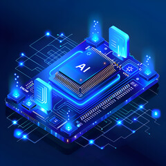 A computer chip with the letters AI on it. The chip is blue and has a square shape. Generative AI