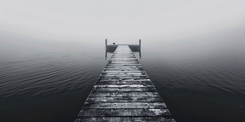 A black and white photo of a dock extending out into a body of water