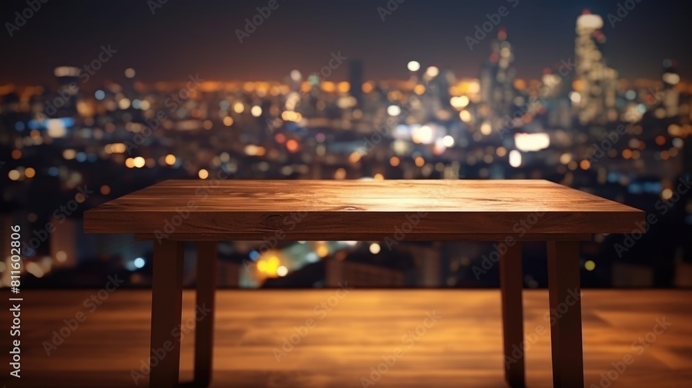 Poster wooden tabletop with blurred cityscape background. an image of table in front of urban city in night
