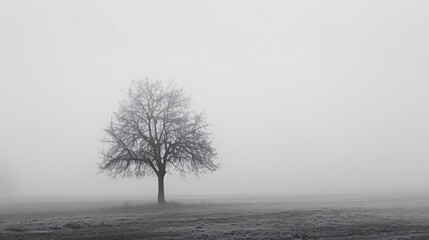 A tree in a foggy field with a lone bird flying in the distance