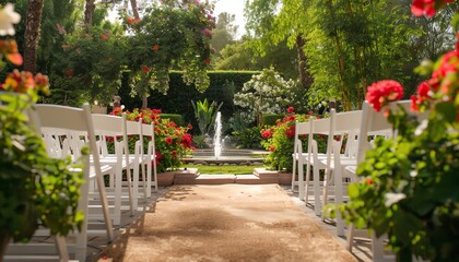 Garden ceremony with rows of white chairs on either side of a carpeted aisle, surrounded by lush blooms and a fountain softly splashing in the background, wideangle view