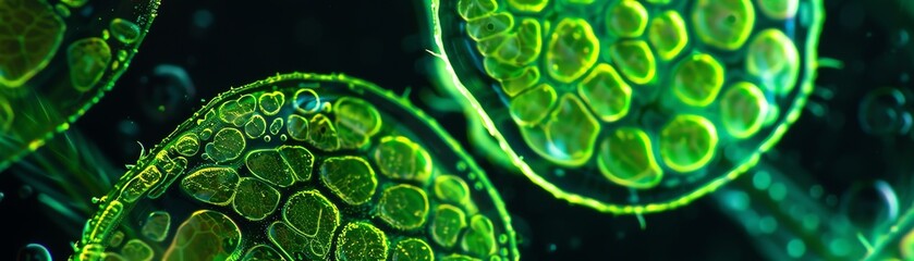 Intricate crosssection of plant cells viewed under a microscope, with glowing green details