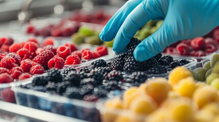 Laboratory close-up of a gloved hand arranging berries in rows vibrant fruit colors stand out...