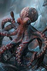 Pirate octopus at ships wheel stormy sea backdrop