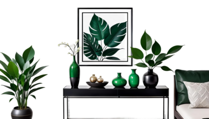 frame modern interior living green design elegant home stylish mock metal black trendy vase room leaves console decor poster blank up white wall empty vertical canvas advertising table bright minimal