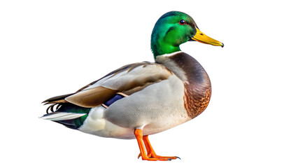 "Majestic Mallard": A striking male mallard duck with vibrant green head plumage, standing proudly against a pristine white backdrop.