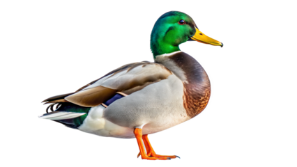 "Majestic Mallard": A striking male mallard duck with vibrant green head plumage, standing proudly against a pristine white backdrop.