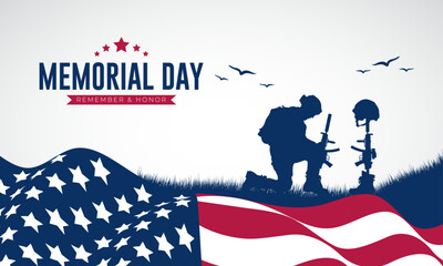 Happy Memorial Day Banner Design. Memorial Day USA Celebration Background with Text, USA Flag, and Soldier Kneeling Vector Illustration