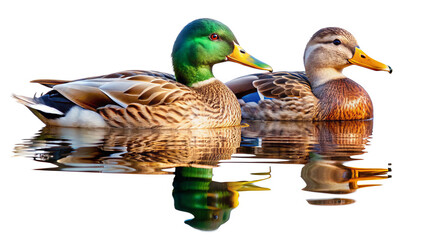 "Floating Feathered Friends": A pair or group of ducks peacefully floating on water, reflecting their serene nature against a white background.