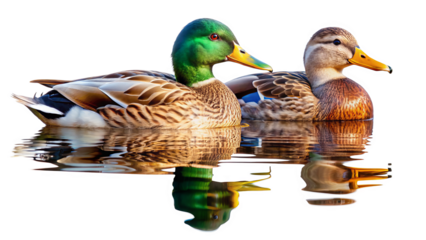 "Floating Feathered Friends": A pair or group of ducks peacefully floating on water, reflecting their serene nature against a white background.