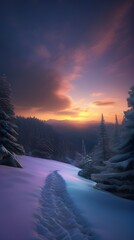 Mountain lake at dawn with misty sunrise