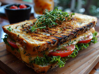 A sandwich with tomatoes and lettuce on a wooden board. - obrazy, fototapety, plakaty