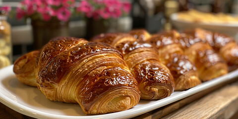 A plate of croissants on a table. - obrazy, fototapety, plakaty