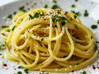 A plate of spaghetti with parsley and parmesan cheese. - obrazy, fototapety, plakaty