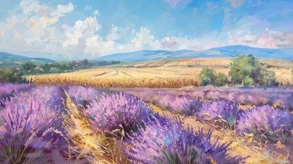 Obraz premium Harvest in Provence of Lavender and Wheat Fields Full of Fragrant Purple Flowers