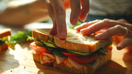 A person is putting a sandwich together on a wooden board. - obrazy, fototapety, plakaty