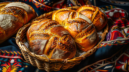 Bread in a basket on a colorful cloth. - obrazy, fototapety, plakaty